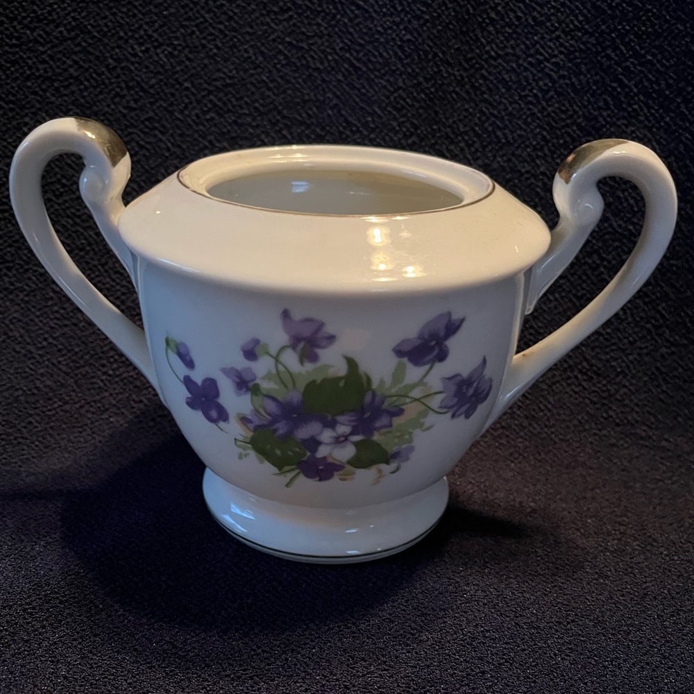 Elegant White Sugar Bowl with Purple Floral Design